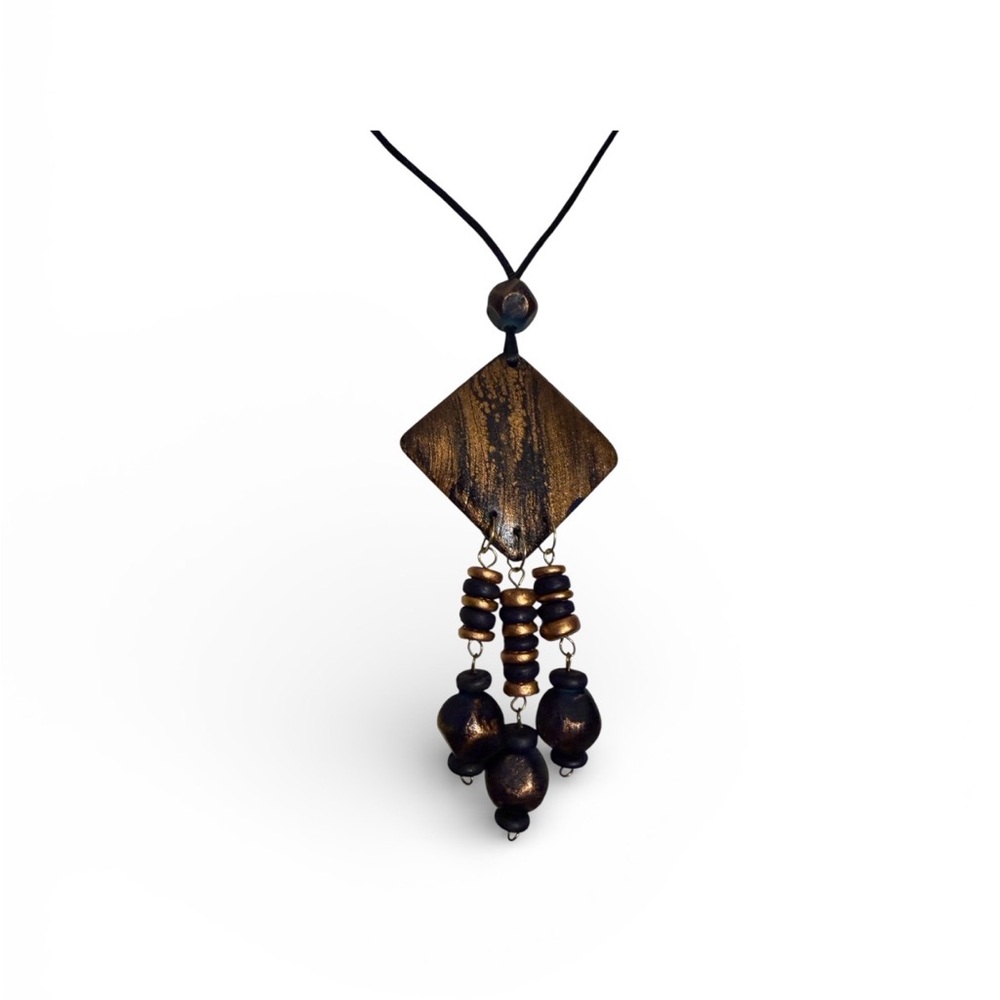 VTG Handcrafted Boho Wooden Pendant Boho Chic Bronze tone Necklace adjustable19”